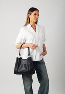 Velvet Genuine Leather Handbag (Black)